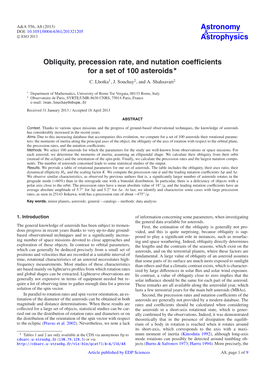 Obliquity, Precession Rate, and Nutation Coefﬁcients for a Set of 100 Asteroids