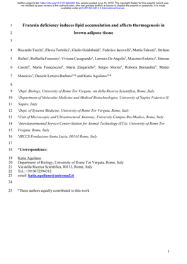 Frataxin Deficiency Induces Lipid Accumulation and Affects Thermogenesis in 2 Brown Adipose Tissue 3
