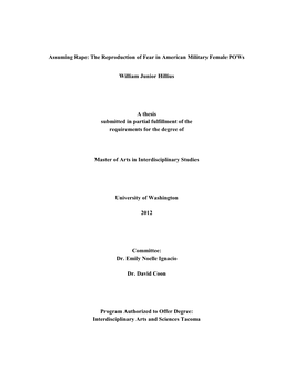 Assuming Rape: the Reproduction of Fear in American Military Female Pows William Junior Hillius a Thesis Submitted in Partial Fu