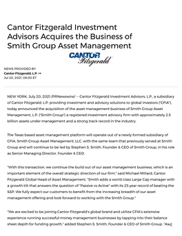 Cantor Fitzgerald Investment Advisors Acquires the Business of Smith Group Asset Management