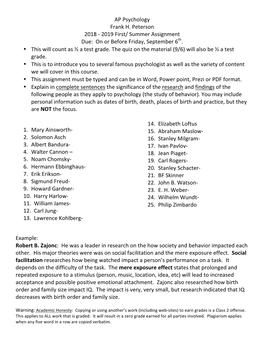 AP Psychology Frank H. Peterson 2018 - 2019 First/ Summer Assignment Due: on Or Before Friday, September 6Th