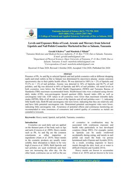 Levels and Exposure Risks of Lead, Arsenic and Mercury from Selected Lipstick and Nail Polish Cosmetics Marketed in Dar Es Salaam, Tanzania