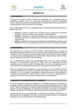 O Presente Documento Contén a Memoria De Actividades Que a Asociación Amizade Desenvolveu Duran