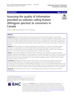 Assessing the Quality of Information Provided on Websites Selling Kratom (Mitragyna Speciosa) to Consumers in Canada Jeremy Y