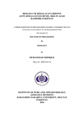 Biology of Himalayan Griffon (Gyps Himalayensis Hume, 1869) in Azad Kashmir, Pakistan