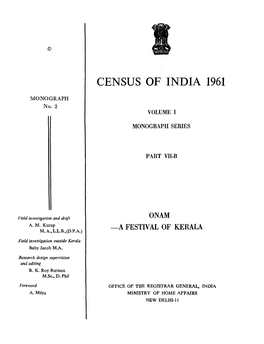 Monograph Series, Onam a Festival of Kerala, Part VII-B, Vol-I