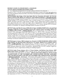 District Court, Water Division 1, Colorado August 2020 Water Resume Publication To: All Persons Interested in Water Applications in Water Div