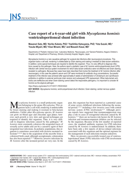 Case Report of a 6-Year-Old Girl with Mycoplasma Hominis Ventriculoperitoneal Shunt Infection