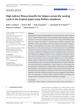 High Indirect Fitness Benefits for Helpers Across the Nesting Cycle in the Tropical Paper Wasp Polistes Canadensis