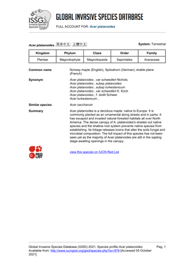 Acer Platanoides Global Invasive Species Database (GISD)