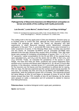 Pathogenicity of Beauveria Bassiana and Metarhizium Anisopliae on Larvae and Adults of the Codling Moth Cydia Pomonella