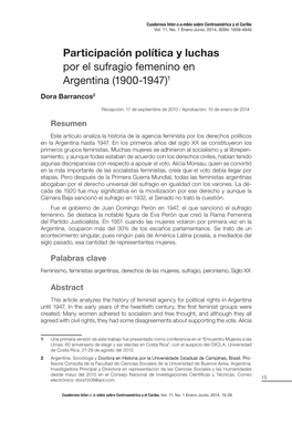 Participación Política Y Luchas Por El Sufragio Femenino En Argentina (1900-1947)1