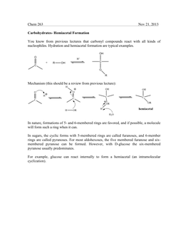 Hemiacetal Formation You Know from Previous Lectures That Carbonyl