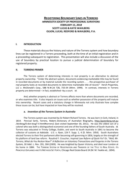 Registering Boundary Lines in Torrens Minnesota Society of Professional Surveyors February 15, 2018 Scott Lucas & Katie Wahlberg Olson, Lucas, Redford & Wahlberg, P.A