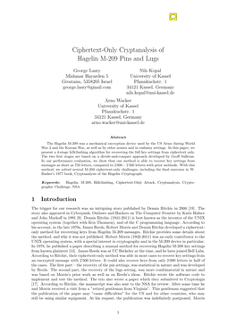 Ciphertext-Only Cryptanalysis of Hagelin M-209 Pins and Lugs