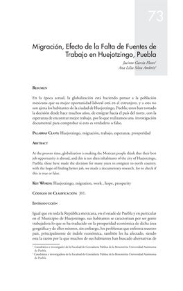 Migración, Efecto De La Falta De Fuentes De Trabajo En Huejotzingo, Puebla Jacinto García Flores Ana Lilia Silva Ambríz