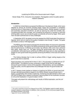 Localizing the Sdgs at the Governorate Level in Egypt Hanan Girgis, Ph.D., Executive Vice President, the Egyptian Center for Public Opinion Research (Baseera) 1