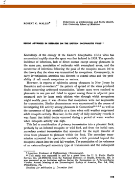 Investigating EE Activity Among Pheasants in Connecticut' As Well As the Occurrence of High Mortality at a Time When Cold Weather Suppressed Adult Mosquito Activity