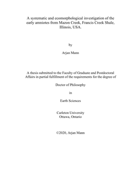 A Systematic and Ecomorphological Investigation of the Early Amniotes from Mazon Creek, Francis Creek Shale, Illinois, USA