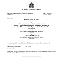 V. Lameman, 2008 SCC 14 DATE: 20080403 Attorney General of Canada Ap