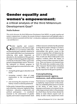 Gender Equality and Women's Empowerment: a Critical Analysis of the Third Millennium Development Goal^ Naila Kabeer