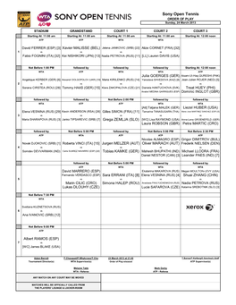 Sony Open Tennis ORDER of PLAY Sunday, 24 March 2013