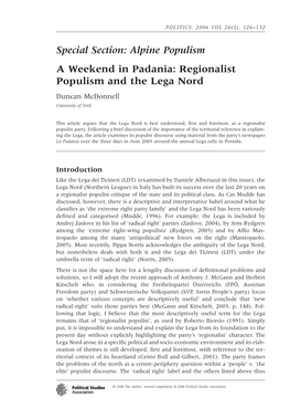Regionalist Populism and the Lega Nord Duncan Mcdonnell University of York