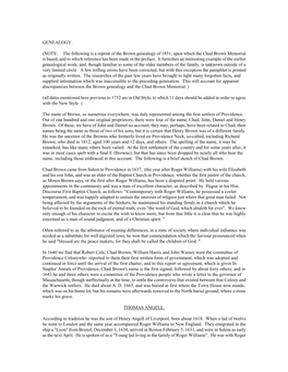 NOTE: the Following Is a Reprint of the Brown Genealogy of 1851, Upon Which the Chad Brown Memorial Is Based, and to Which Reference Has Been Made in the Preface