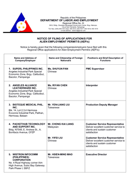 Department of Labor and Employment Notice of Filing