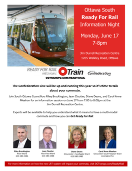 Ottawa South Ready for Rail Information Night Monday, June 17