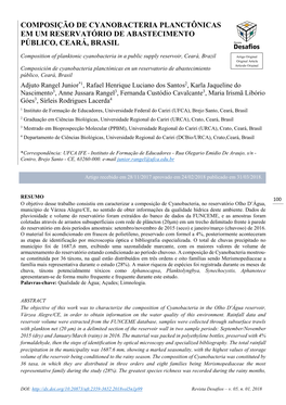 Composição De Cyanobacteria Planctônicas Em Um Reservatório De Abastecimento Público, Ceará, Brasil
