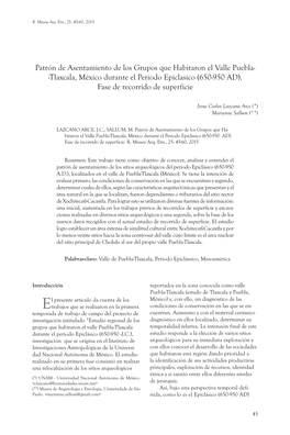 Patrón De Asentamiento De Los Grupos Que Habitaron El Valle Puebla- -Tlaxcala, México Durante El Periodo Epiclasico (650-950 AD)
