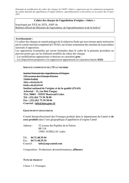 Salers » Approuvée Par La Commission Permanente Du Comité National Des Appellations D’Origine Laitières, Agroalimentaires Et Forestières En Sa Séance Du 15 Mars 2021