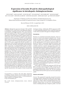 Expression of Keratin 20 and Its Clinicopathological Significance in Intrahepatic Cholangiocarcinoma