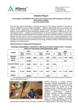 On the Status of HIV/TB/HCV Prevention and Treatment and OST Programs in Donetsk and Luhansk Oblasts (As of 23 January 2017)