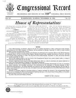 Congressional Record United States Th of America PROCEEDINGS and DEBATES of the 108 CONGRESS, FIRST SESSION