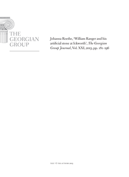 Johanna Roethe, 'William Ranger and His Artificial Stone at Ickworth', the Georgian Group Journal, Vol. Xxi, 2013, Pp