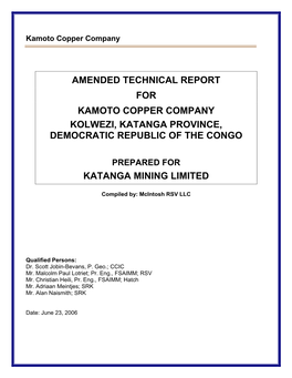 Amended Technical Report for Kamoto Copper Company Kolwezi, Katanga Province, Democratic Republic of the Congo