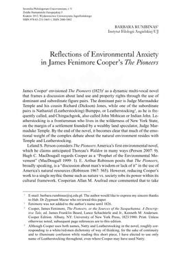 Reflections of Environmental Anxiety in James Fenimore Cooper's the Pioneers