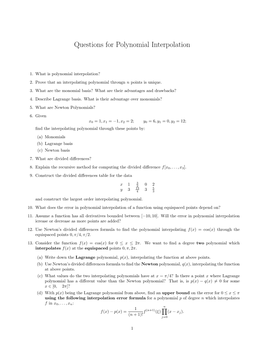 Questions for Polynomial Interpolation