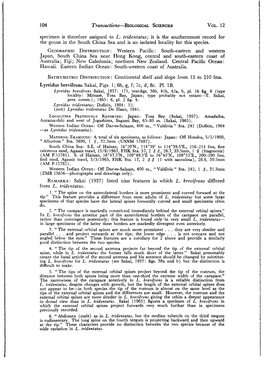 Specimen Is Therefore Assigned to L. Tridentatus; It Is the Southernmost Record for the Genus in the South China Sea and Is an Isolated Locality for This Species