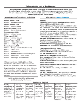 Mass Intentions/Intenciones De La Misa Information - Monday, August 5, 2019 Services: 8:30Am + Howard Cooper, Jr