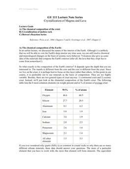 GY 111 Lecture Note Series Crystallization of Magma and Lava