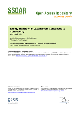 Energy Transition in Japan: from Consensus to Controversy Wieczorek, Iris