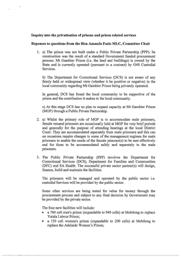 Inquiry Into the Privatisation of Prisons and Prison Related Sewices Reponses to Questions from the Hon Amanda Fazio MLC, Commit