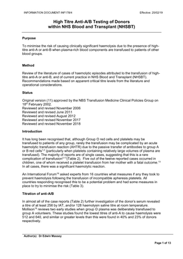 High Titre Anti-A/B Testing of Donors Within NHS Blood and Transplant (NHSBT)