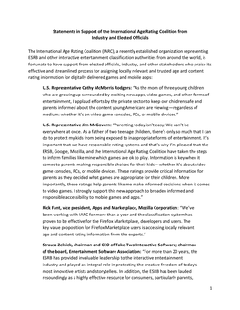 Statements in Support of the International Age Rating Coalition from Industry and Elected Officials the International Age Rati