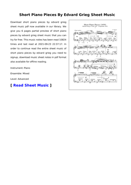 Short Piano Pieces by Edvard Grieg Sheet Music