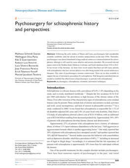 Psychosurgery for Schizophrenia: History and Perspectives