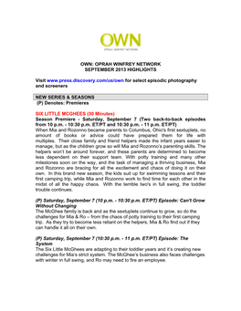 Own: Oprah Winfrey Network September 2013 Highlights
